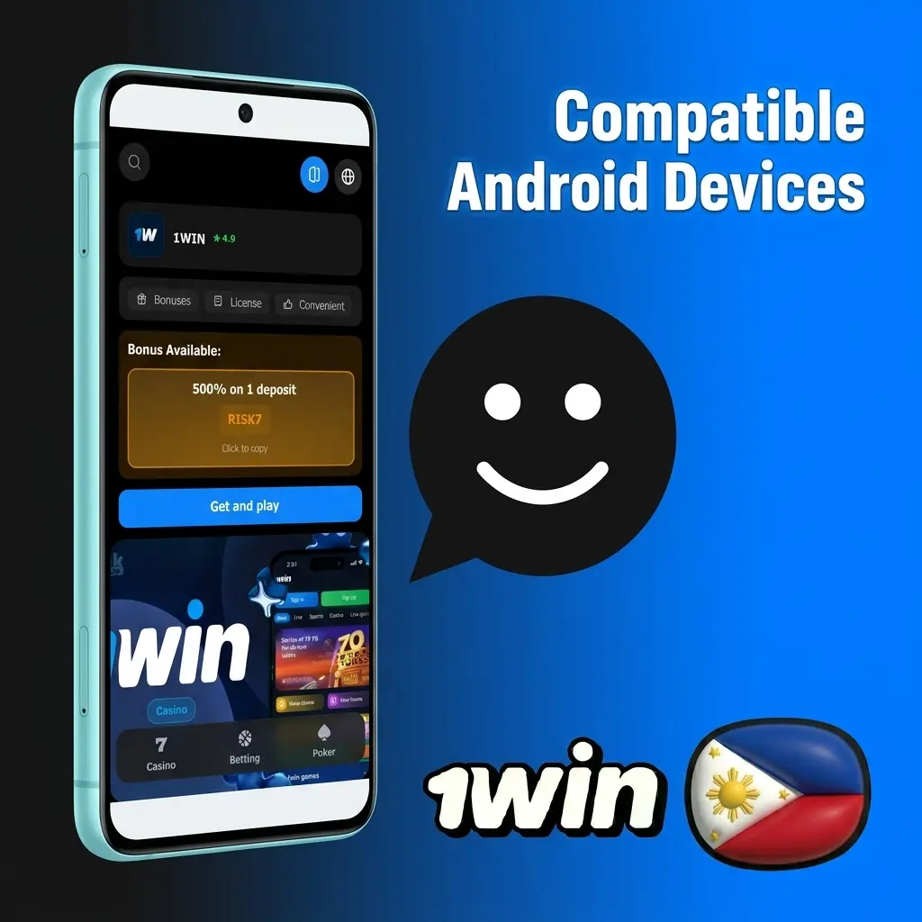 Compatible Android devices for 1win app including Samsung, Xiaomi, OPPO, vivo, Realme, Huawei, Tecno, Cherry Mobile