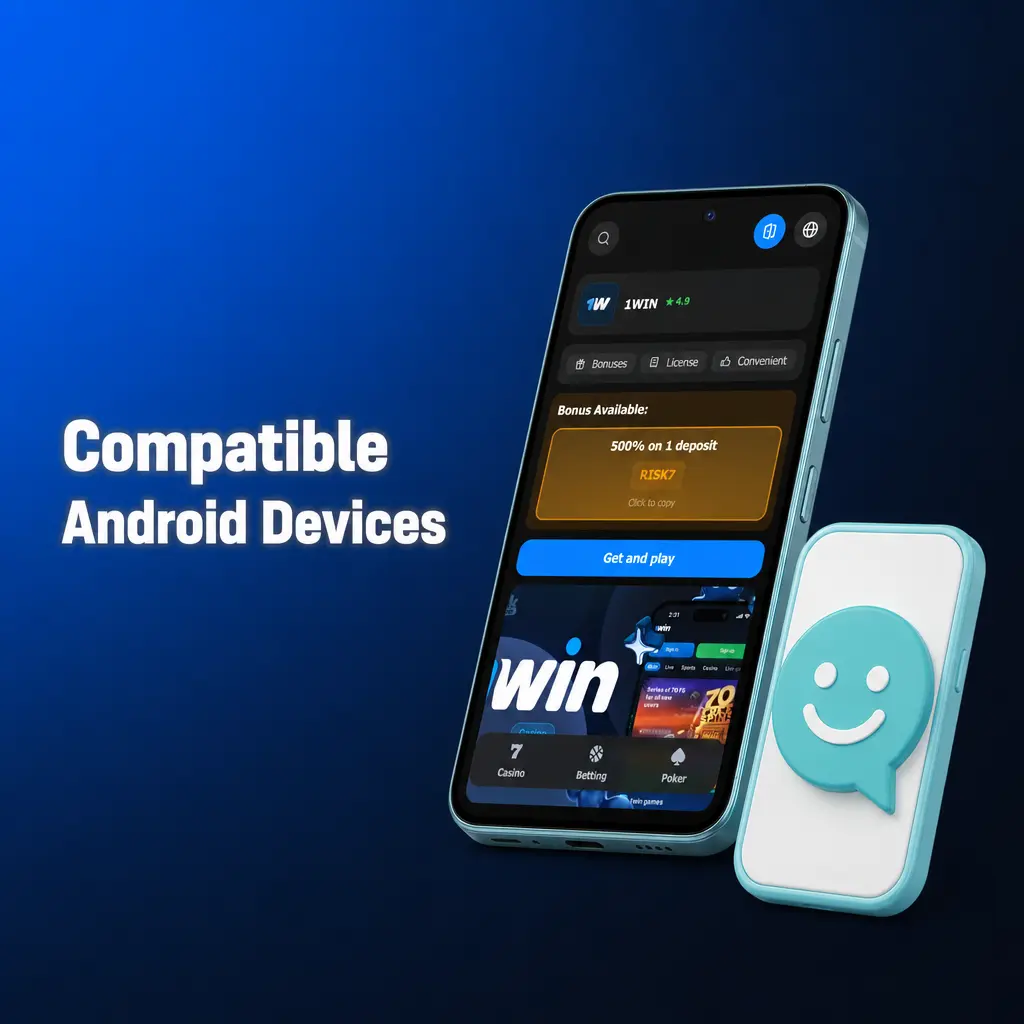 Compatible Android devices for 1win app including Samsung, Xiaomi, OPPO, vivo, Realme, Huawei, Tecno, and Cherry Mobile