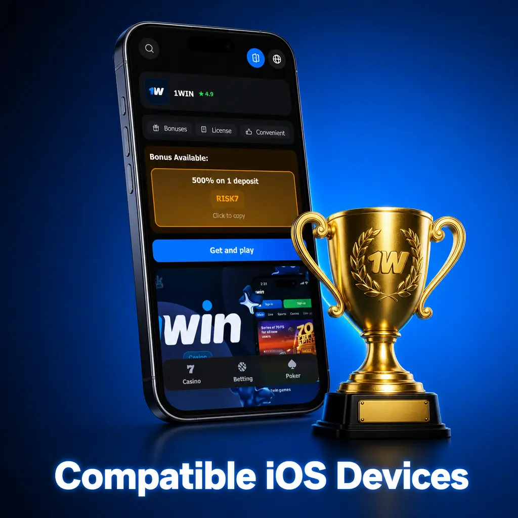 List of compatible iOS devices for the 1win app including iPhone X through iPhone 17 series and select iPad models