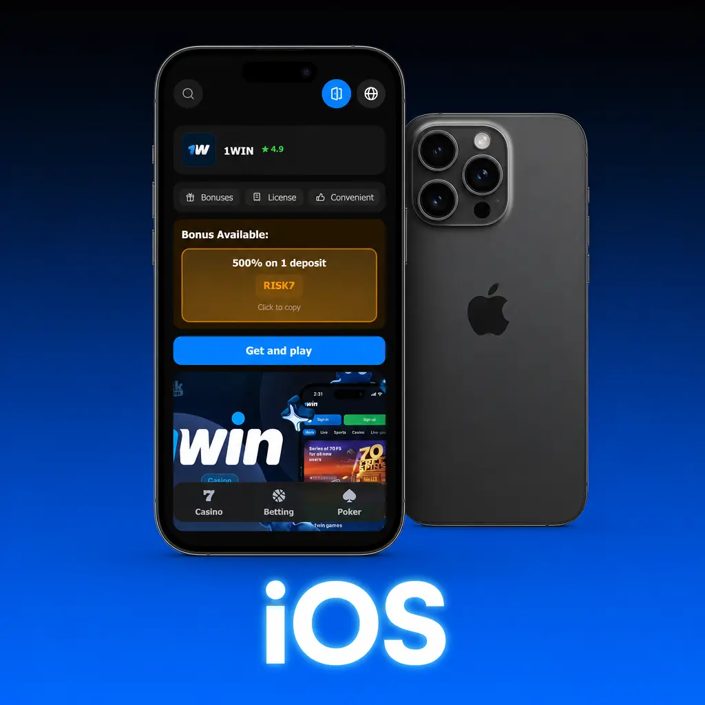 1win iOS app interface displayed on iPhone showing betting and casino features available on the App Store