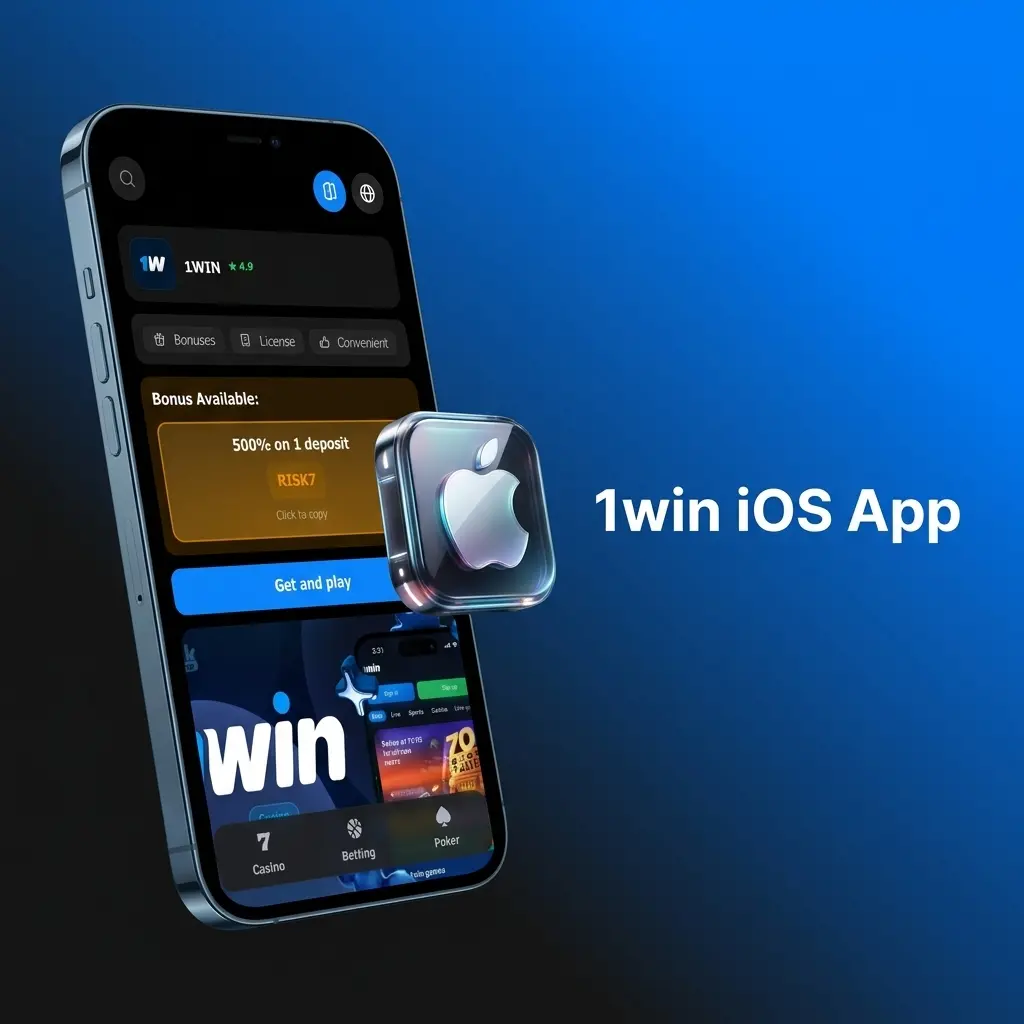 1win iOS app interface displayed on iPhone and iPad showing sports betting and casino games features