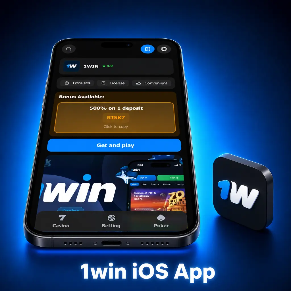 1win iOS app interface displayed on iPhone and iPad showing sports betting and casino games features