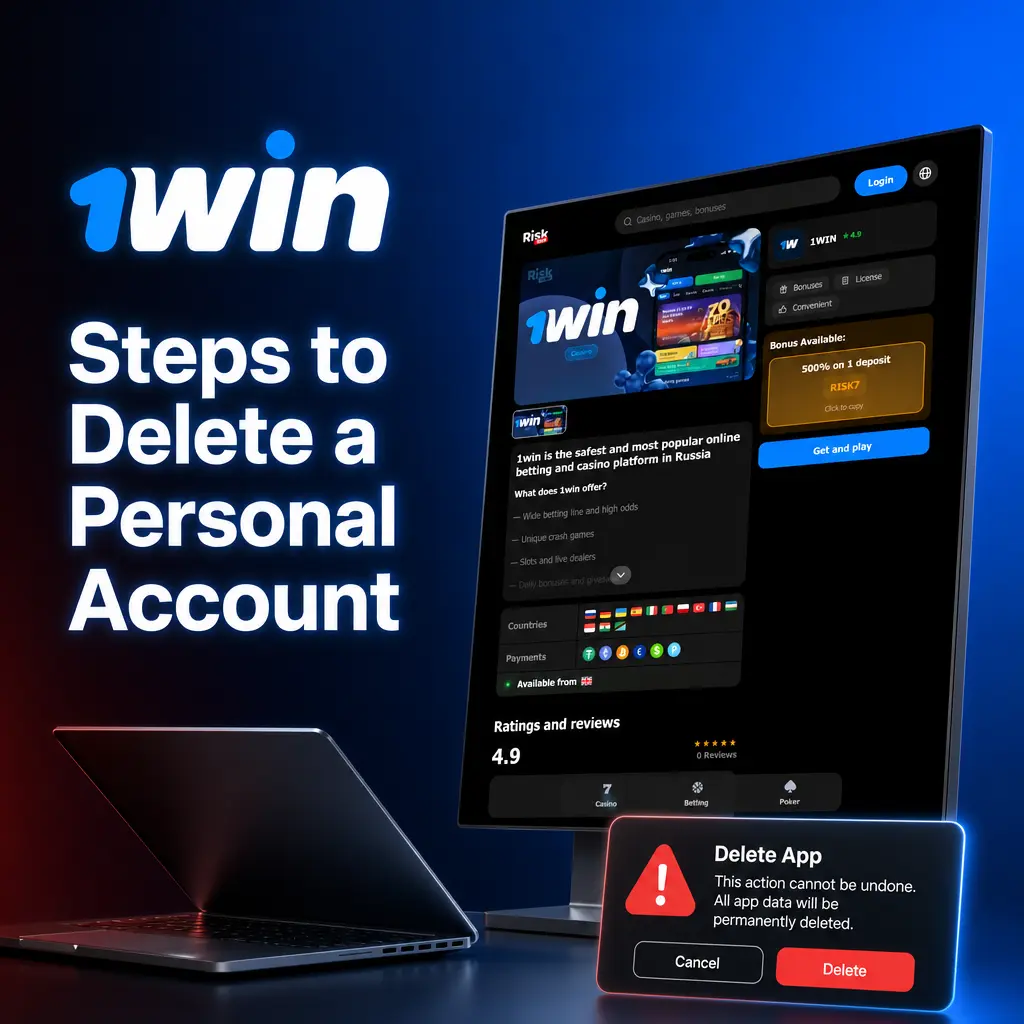 1win account deletion steps showing settings menu with account closure option and customer support contact details