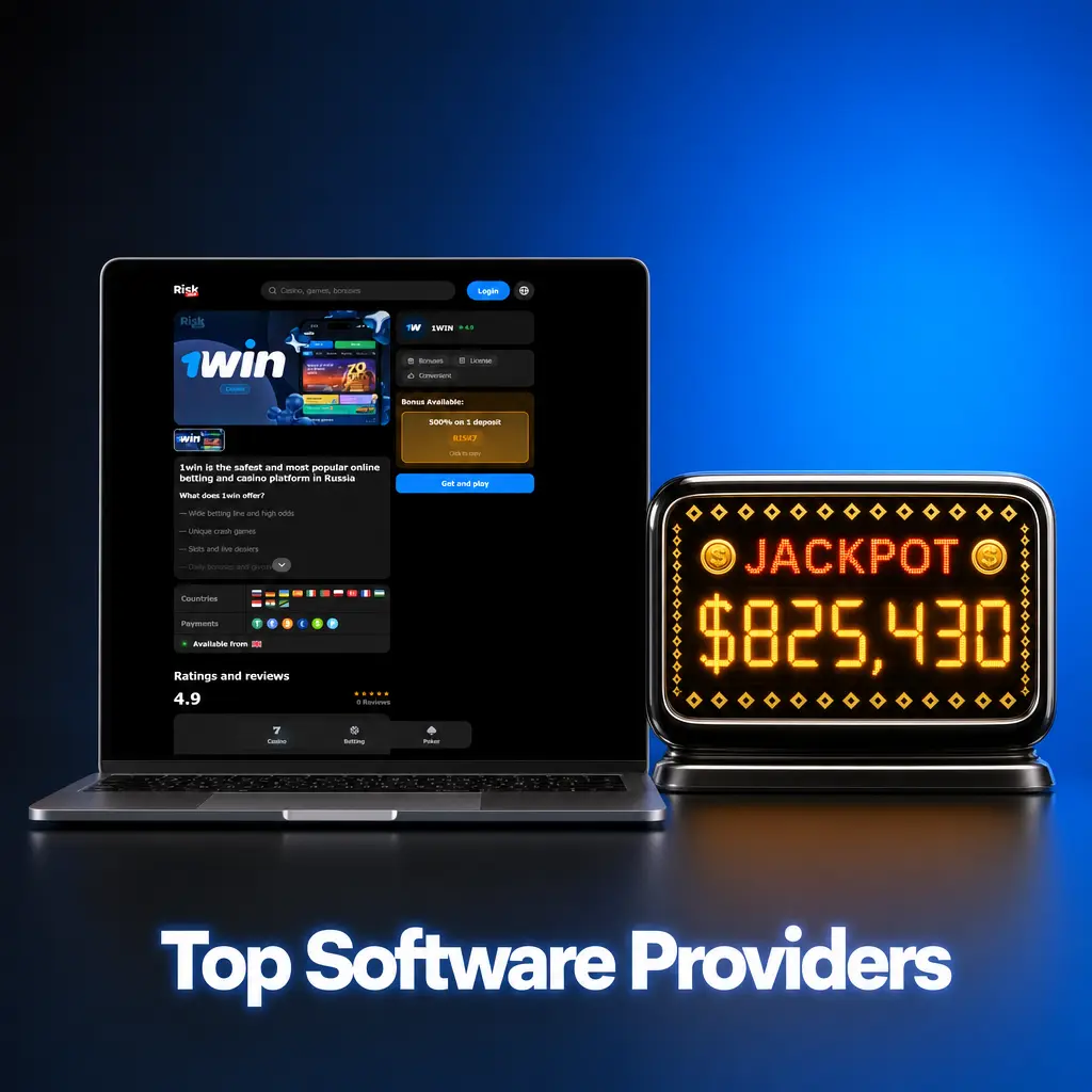 Logos of top software providers including Pragmatic Play, NetEnt, Evolution Gaming, and Microgaming on 1win platform