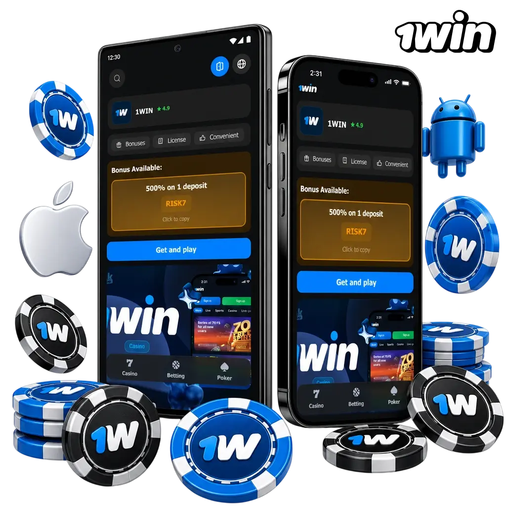 1win app download screen for Android APK and iOS showing welcome bonus of 500% up to 50000 PHP in Philippines