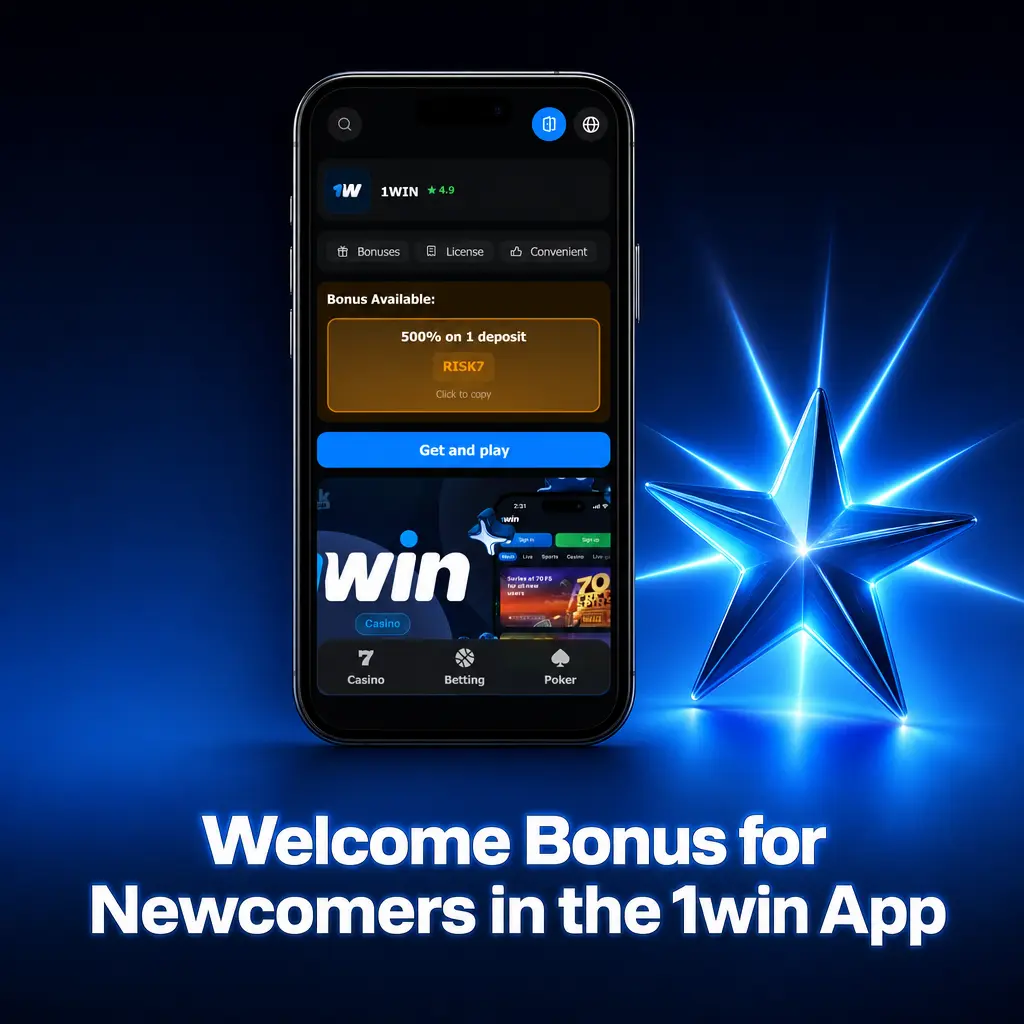 1win app welcome bonus for new users showing 500% up to 50,000 PHP on first four deposits with Sports and Casino options